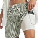 2 in 1 Seersucker Men Swim Trunk with Compression Liner 7 Inches Quick Dry Zipper Pockets for Cruise Beach Pool Board (X-Large, Stripe Olive Green White)