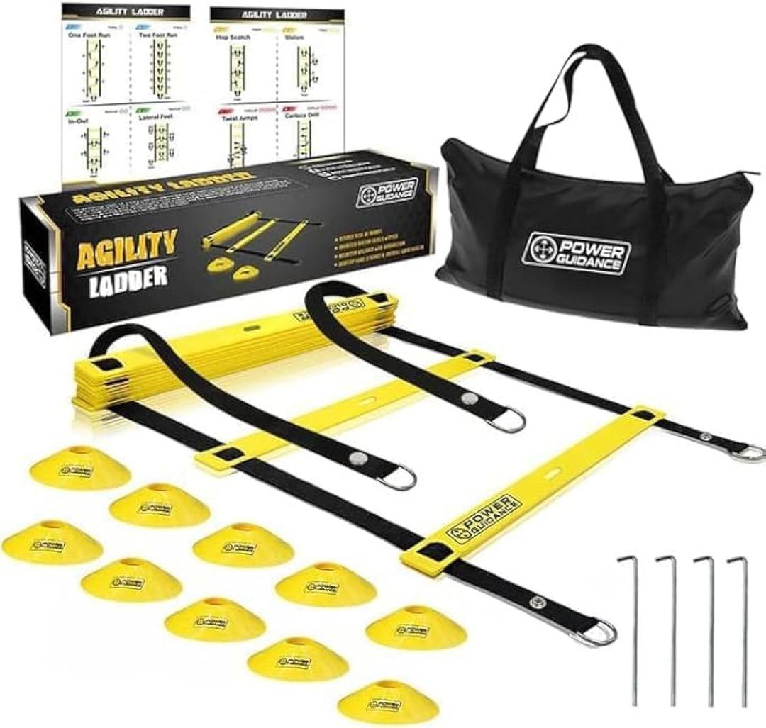 POWER GUIDANCE Agility Ladder (20 Feet) with Cones for Speed Agility Training & Quick Footwork Exercise - Soccer & Football Training Equipment for Adults, Youth & Kids (Yellow)