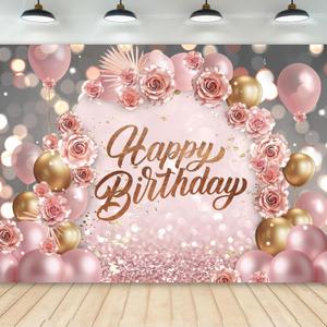 Rose Gold Happy Birthday Backdrop 7Wx5H Photography for Girls Women Pink Floral Flower Balloons Arch Modern Elegant Background Aesthetic Party Decorations Banner Photo Booth Props Supplies