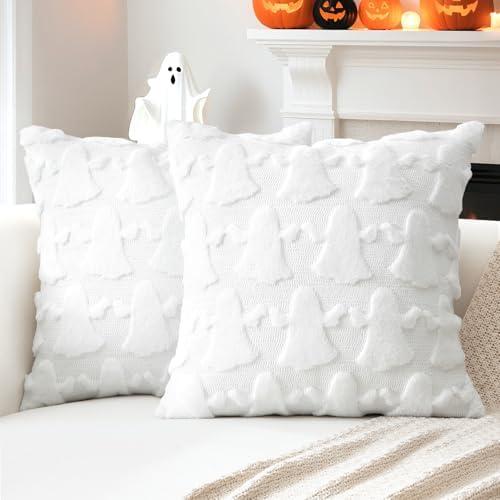 OTOSTAR Set of 2 Ghost Pillow Covers Halloween Throw Pillow Covers for Sofa Couch Bed Living Room Soft Plush Short Wool Velvet Farmhouse Throw Pillow Covers for Thanksgiving Pure White 22x22 Inch