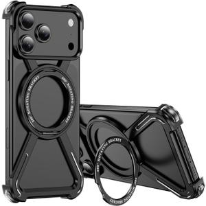 Metal Case for iPhone 17 Pro Max Case Frameless Military Grade Drop Protection [Compatible with MagSafe] with 360 Spin Ring Stand Slim Shockproof Cover for iPhone 17 Pro Max Black TJ