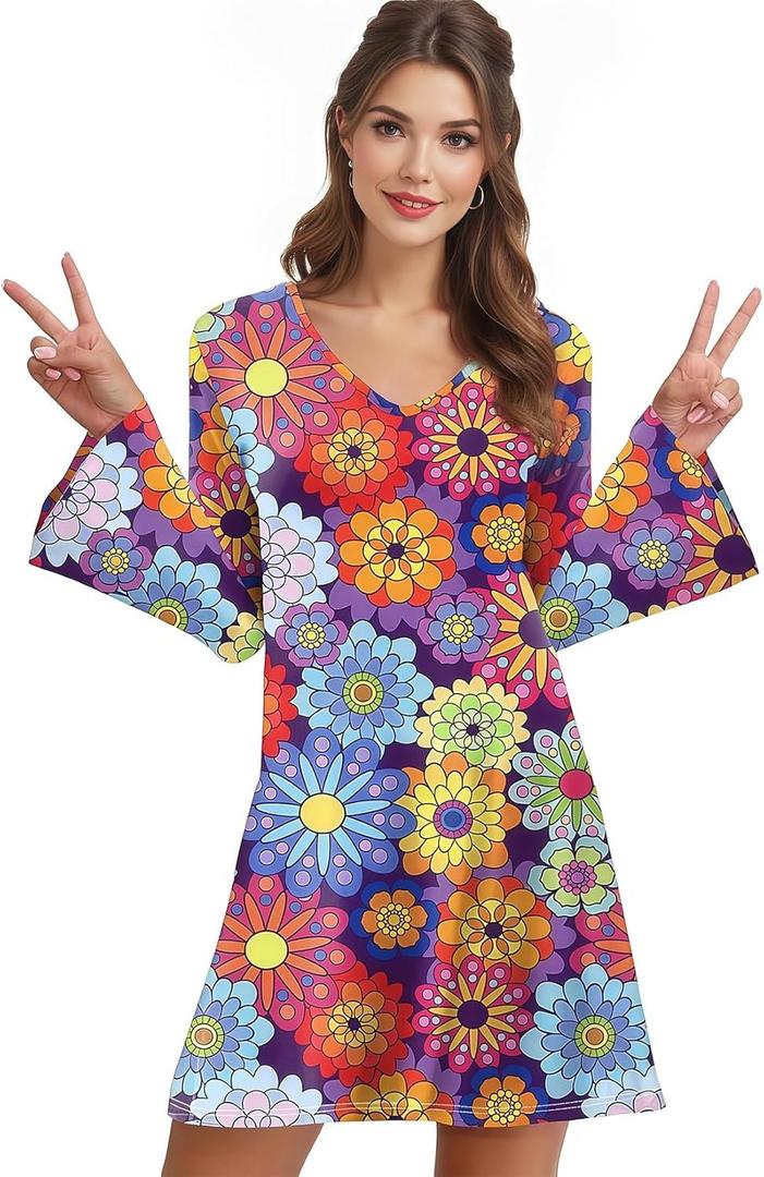 60s 70s Hippie Disco Dress Costume Women's Retro Disco Outfit Women Halloween Floral Dresses (L)