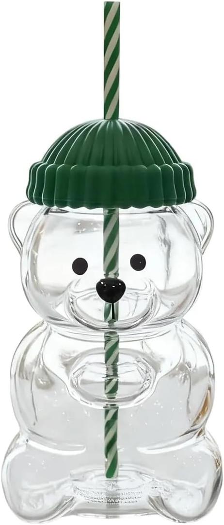 Cute Bear Straw Cup with Lid and Straw, Honeybear Glass Cup, Leakproof Bear Cup, Cute Animal Mug for Hot and Cold Drinks, Smoothies, Water, Juice, Travel & Gifts