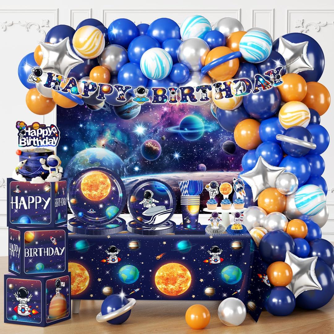 296PCS Space Birthday Decorations, All-in-1 Party Pack, 25 Serves Disposable Tableware Set, Includes Balloon Boxes, Backdrop Tablecloth for Outer Astronaut Birthday Decorations