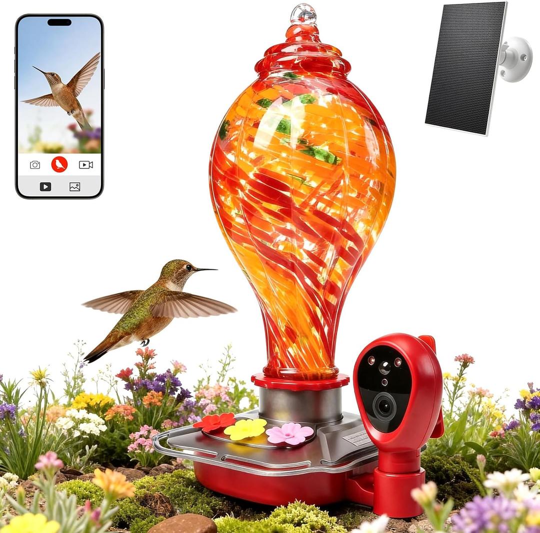 Hand-Blown Glass Smart Hummingbird Feeder with Camera, Solar Powered 2K HD Live View, AI Bird ID & Motion Alerts, Nectar Monitor, Leakproof, Water Moat, 2.4GHz Wi-Fi Hanging Gift for Outdoors (27oz)
