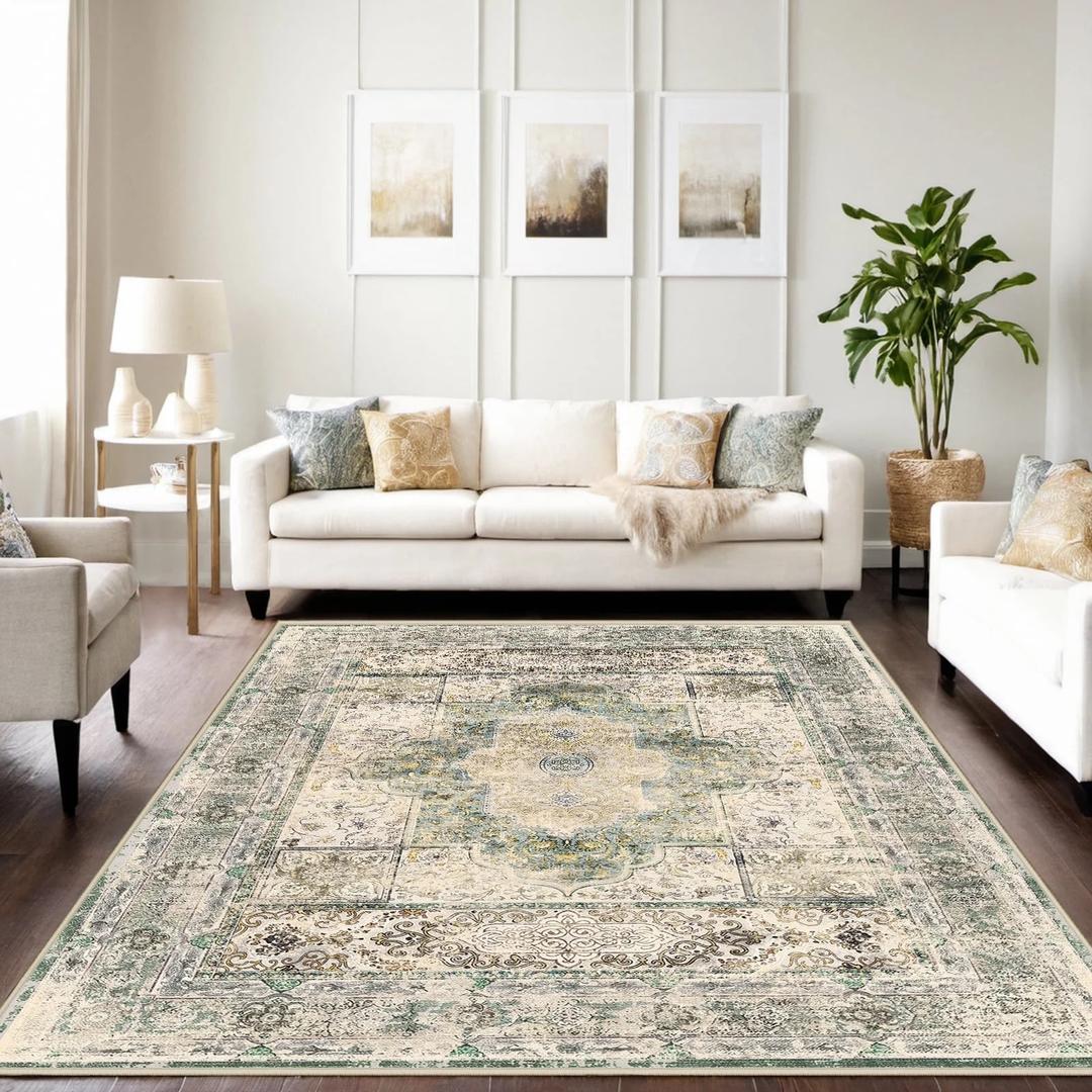 2'x6' Traditional Area Rugs for Living Room, Non-Slip Indoor Thin Carpet for Bedroom, Foldable Persian Medallion Rugs,Green