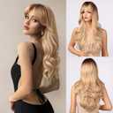 Honygebia Blonde Wig with Bangs - Long Wavy Ombre Curtain Bang Wigs for White Women, Light Ash Blond Dark Roots Synthetic Heat Resistant Hair, Natural Cute Strawberry Wigs for Halloween/Christmas