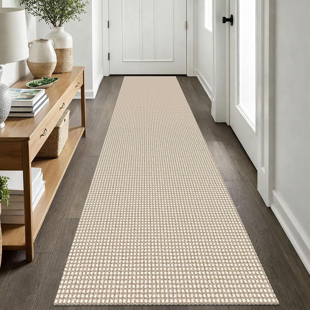 EARTHALL Woven Runner Rug 2x8 Ft Washable Runners for Hallways Cotton Non Slip Rubber Backed Kitchen Runner Braided Indoor Floor Carpet for Entryway, Hallway, Kitchen, Bedroom, Beige/Khaki