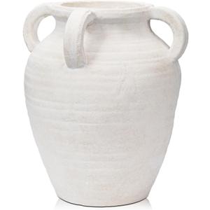 Handcrafted Flower Vase, 9.8" Tall Terracotta Vase, Vintage White Ceramic Vase, Rustic Antique Decor with 4 Handles, Wide Mouth, Matte Finish for Home Office Resto Caf Dcor