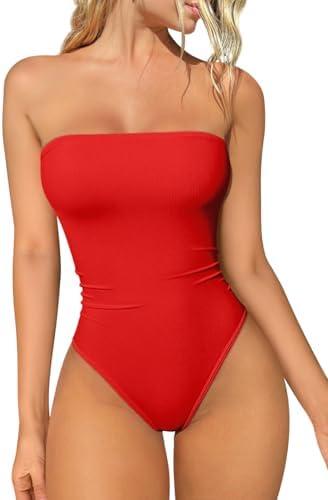 OQQ Womens Tube Bodysuits Strapless Basic Sleeveless Ruched Stretch Classic-Fit Tops Sexy Bodysuits S