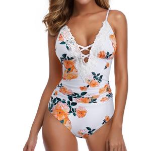 SUUKSESS Women Sexy Lace V Neck One Piece Swimsuit Tummy Control Bathing Suit (Small, 64 White Floral)