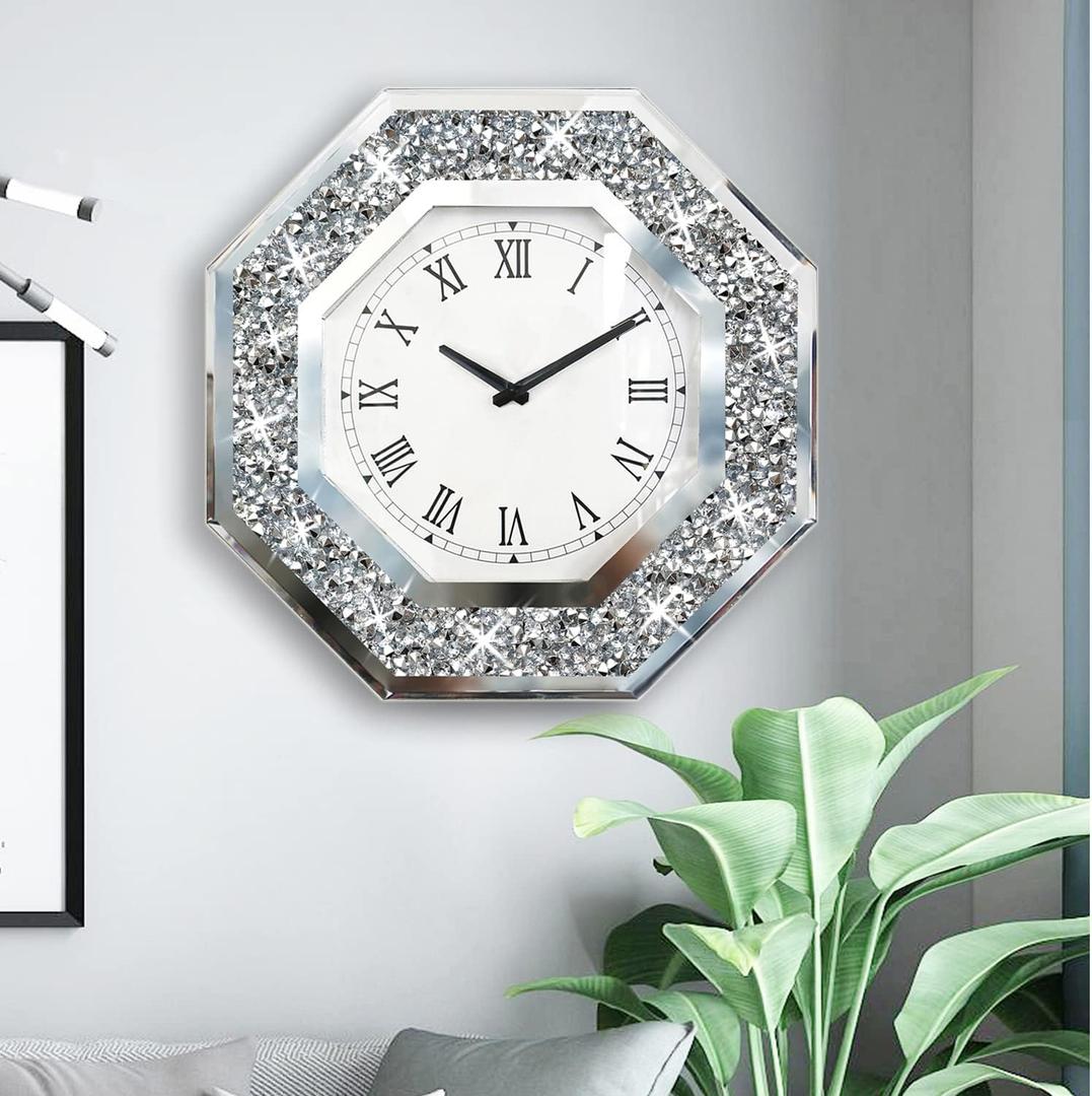 Wall Clock, Octagon Mirror Glass Clock, Cute Diamond 20-inch Non-Ticking Clock for Wall Dcor, Perfect Home Decor for Bedroom, Bathroom Motif, Dining Room(Excluding Batteries.), 20x20 inch