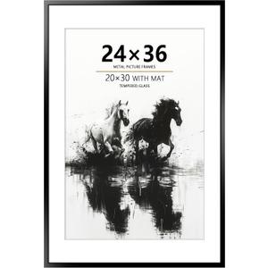 24x36 Metal Poster Frame, 24 x 36 inches Aluminum Picture Frame with Mat for 20x30 Photo, Tempered Glass Cover, Black Wall Hanging Photo Frame for Home Dcor