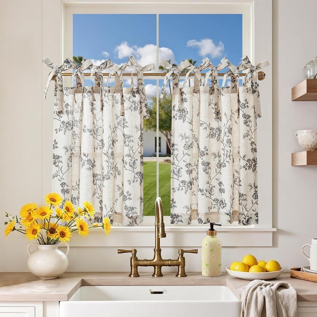 jinchan Floral Kitchen Curtains 24 Inch Linen Tier Curtains Farmhouse Cafe Half Window Drapes Over Sink Light Filtering Black on Beige for Living Room Laundry Tie Top 2 Panels