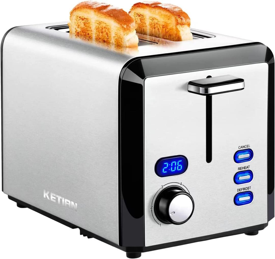 Toaster 2 Slice, Wide Slot Stainless Steel Toaster with 6 Browning Levels, Reheat & Defrost, for Bagel, Toast, Bread, Kitchen Essentials, Removable Crumb Tray (sliver)