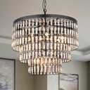 Wellmet 3 Tiers Black Modern Crystal Chandelier, 9 Lights Farmhouse Ceiling Light Fixture for Dining Room, Adjustable Hanging Pendant Lighting for Kitchen Island, Living Room, Entryway, Foyer, W-24in