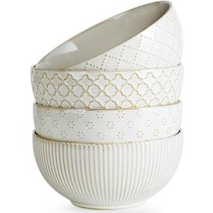 getstar Ceramic Soup Bowls, Cereal Bowl Set of 4 with Assorted Embossment (6.1 inch & 30 oz), Farmhouse Vintage Color Bowls for Kitchen