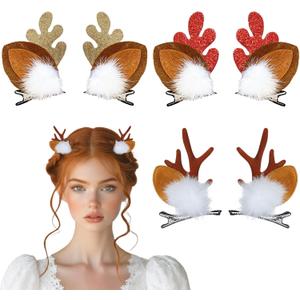 CHUN-YAN Christmas Reindeer Hair Clips - Reindeer Antlers Headband - Deer Antler Hair Pins for Christmas Hair Accessories - Holiday Headwear Hair Accessories(3pairs)
