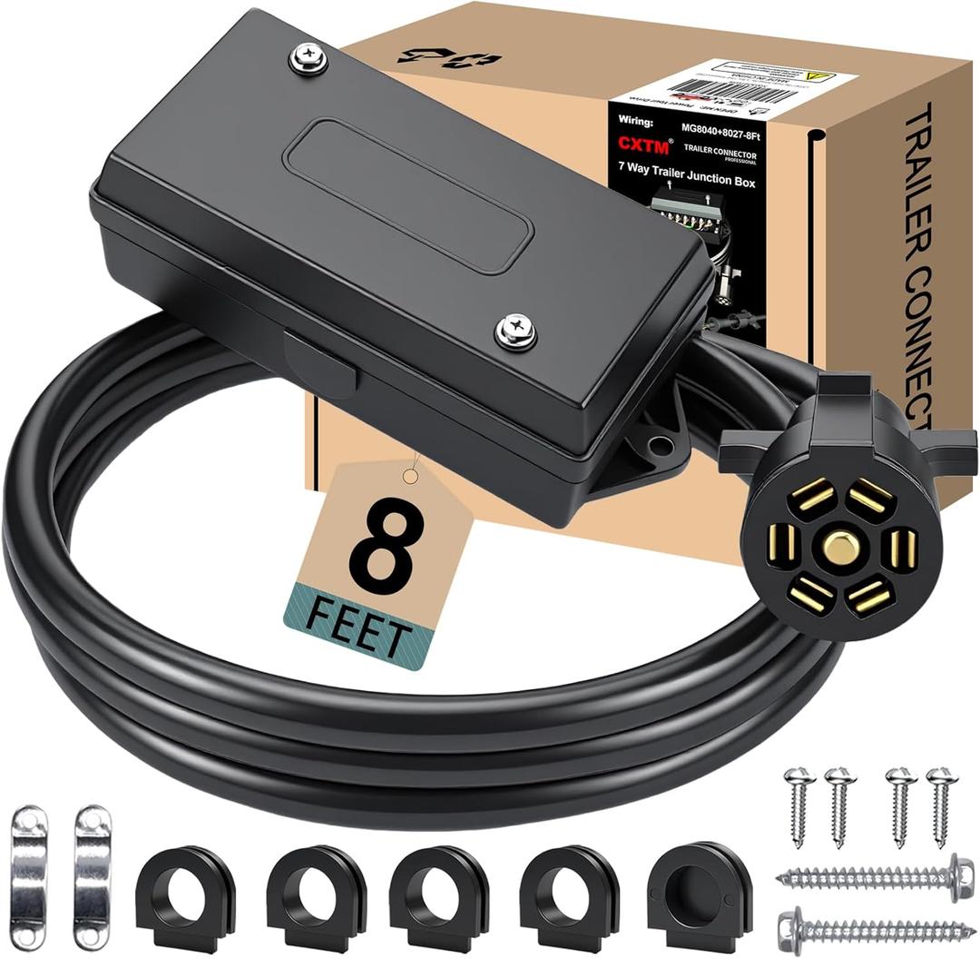 7 Pin Trailer Wiring Harness Kit 8 Feet, 7 Gang Waterproof Junction Box with Heavy Duty 7 Way Trailer Cord Pigtail, Double Prongs Connector Inline Cable for RV Standard (8ft)