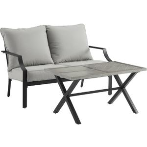 Crosley Furniture Otto 2-Piece Chevron Outdoor Coffee Table and Loveseat Patio Furniture Set for Porch, Deck, Matte Black with Gray Cushions