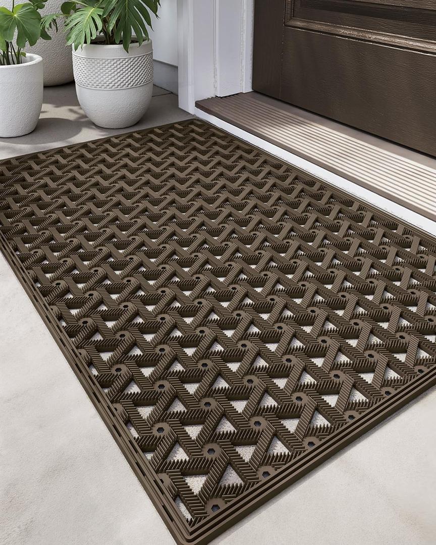 DEXI Front Door Mat Outside Entrance Rubber 19x30, Welcome Floor Doormat Heavy Duty Non Slip, Dirt Trapper Waterproof Exterior Entry Mats All Weather for Patio Entryway Drainage, Brown