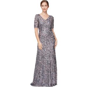 Alex Evenings Womens Long Length A-line Sequin Lace V-Neck Mother of The Bride Dress, Formal Event Gown with Short Sleeves (12, Icy Orchid)