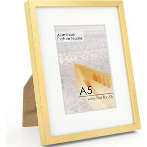 A5 Picture Frame Gold - High-End Metal Frame for Wall, Photo Frame with Mat A6, Poster Frame 5.8x8.3, Aluminum Frame and Real Glass, Diploma, Certificates, Decor, Wall Kit, Gold