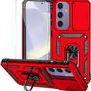 SunStory Compatible with Samsung Galaxy S24 FE 5G Case with HD Screen Protector & Slide Camera Cover & Rotated Ring Kickstand, [Military-Grade] Phone Case for Galaxy S24 FE (Red)