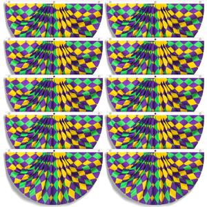 Hosuly 10 Pcs Mardi Gras Fan Flag New Orleans Mardi Gras Bunting 1.5 x 3 Ft Carnival Pleated Fan Bunting with Brass Grommets for Carnival Indoor Outdoor House Yard Decorations(Plaid)