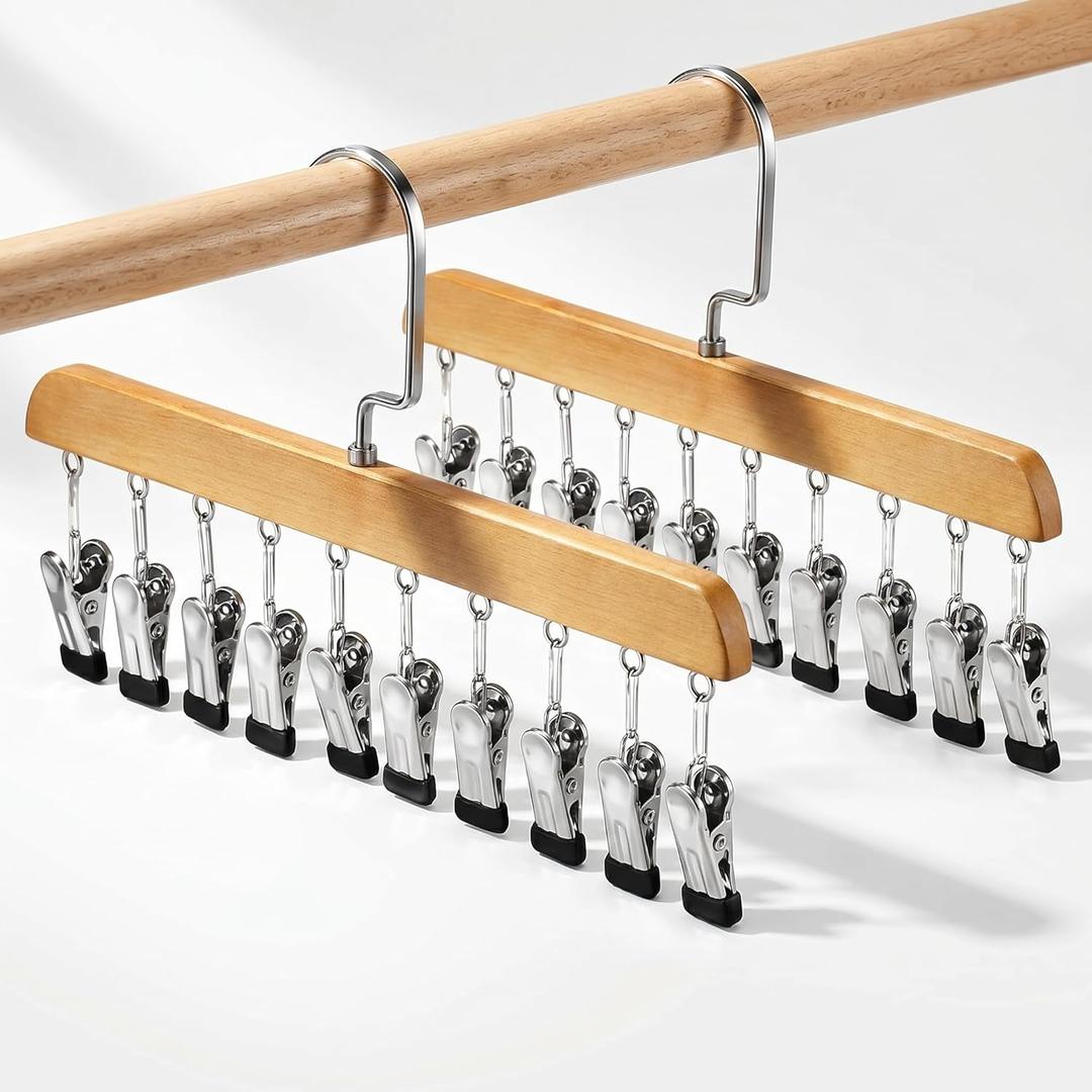 Novabright 2 Pcs Hangers with 10 Clips Organizers for Closet Scarf Pant Hat Hangers Wood Space Saving Rotating Non Slip Hanging Storage Closet Organizers for Jeans Leggings Socks Belt Bra Skirt (Wood)