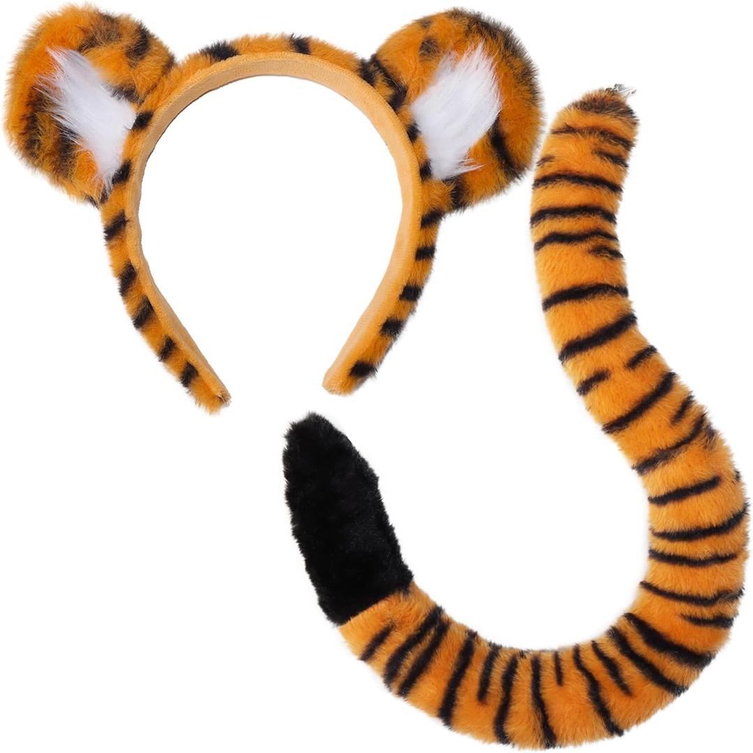 Tiger Costume Accessory Set, Realistic Fluffy Animals Ears Headband and Tail Kit for Halloween Christmas Party Cosplay