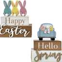 2 Pack Happy Easter Decorations for Home Bunny Truck Easter Decor Rustic Wooden Spring Rabbit Signs Farmhouse Tables Decorations Block Gifts Indoor Tiered Tray Kitchen Shelf Party