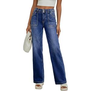 EVALESS Women's Wide Leg Jeans High Waisted Straight Leg Jeans Trendy Stretchy Loose Zimbaplatinum Denim Pants with Pockets, Size 18