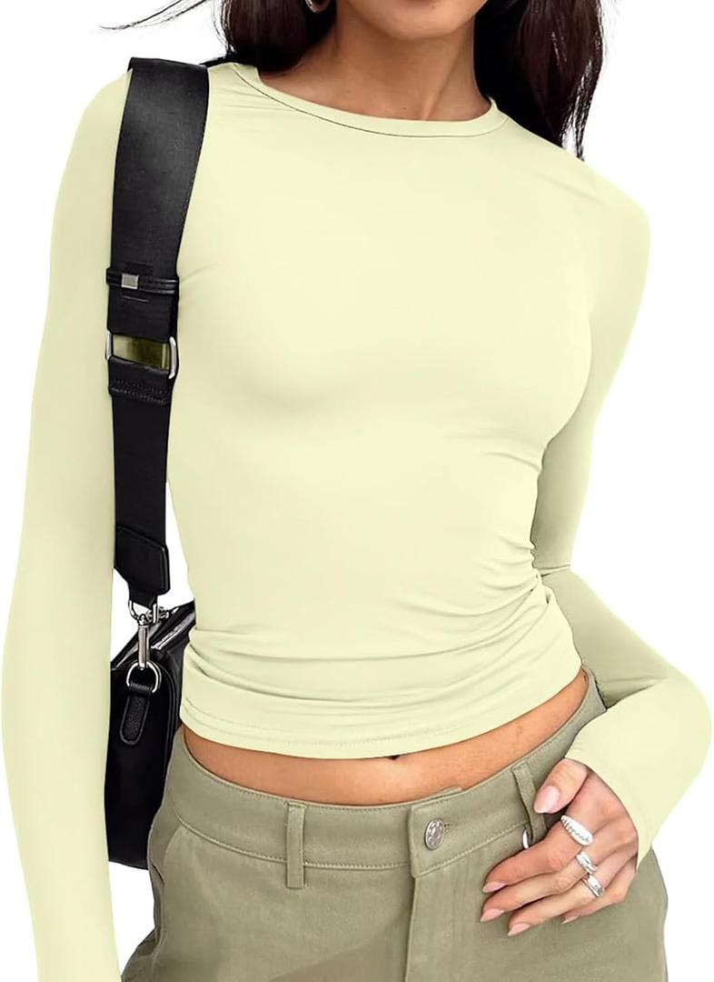 Trendy Queen Womens Long Sleeve T Shirts Fall Fashion 2025 Basic Crop Tops Going Out Outfits Y2k Clothes (Large, Lemon Yellow)