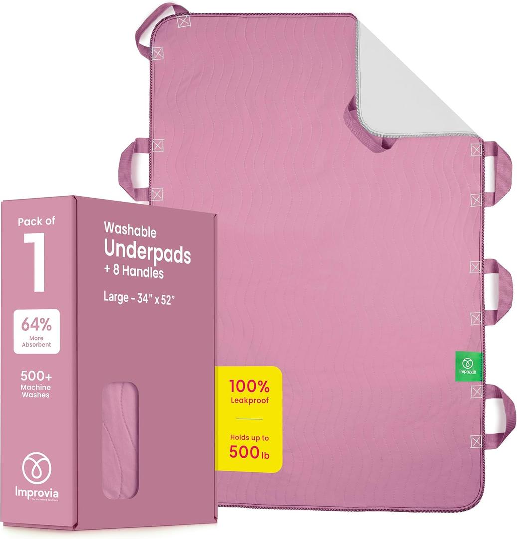 Improvia Positioning Bed Pad, with 8 Reinforced Handles, Quick-Drying, Washable, Waterproof, for Lifting, Turning, Transfering, Elderly and Incontinence Patients (Pink, 34" x 52" - Pack of 1)