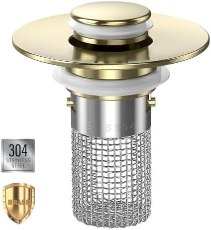 Sink Stopper Hair Catcher, Pop-up Sink Drain Strainer with Removable Stainless Steel Strainer Basket Hair Catcher, Bathroom Sink Strainer for Bathroom Sink Stopper Replacement(Brushed Gold-1PCS)