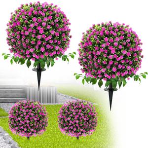 Artificial Boxwood Topiary Trees with Roses, 2 Pack Lifelike Evergreen Shrubs Featuring Ground Spike, Artificial Plants UV Protected for Year-Round Beauty in Indoor Outdoor Gardens and Porches