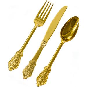 Goodluck 75 Pack Gold Plastic Silverware Set  Heavy Duty Disposable Cutlery, Includes 25 Forks, 25 Spoons, 25 Knives, Elegant Vintage Design for Weddings, Parties, Thanksgiving, and Daily Use