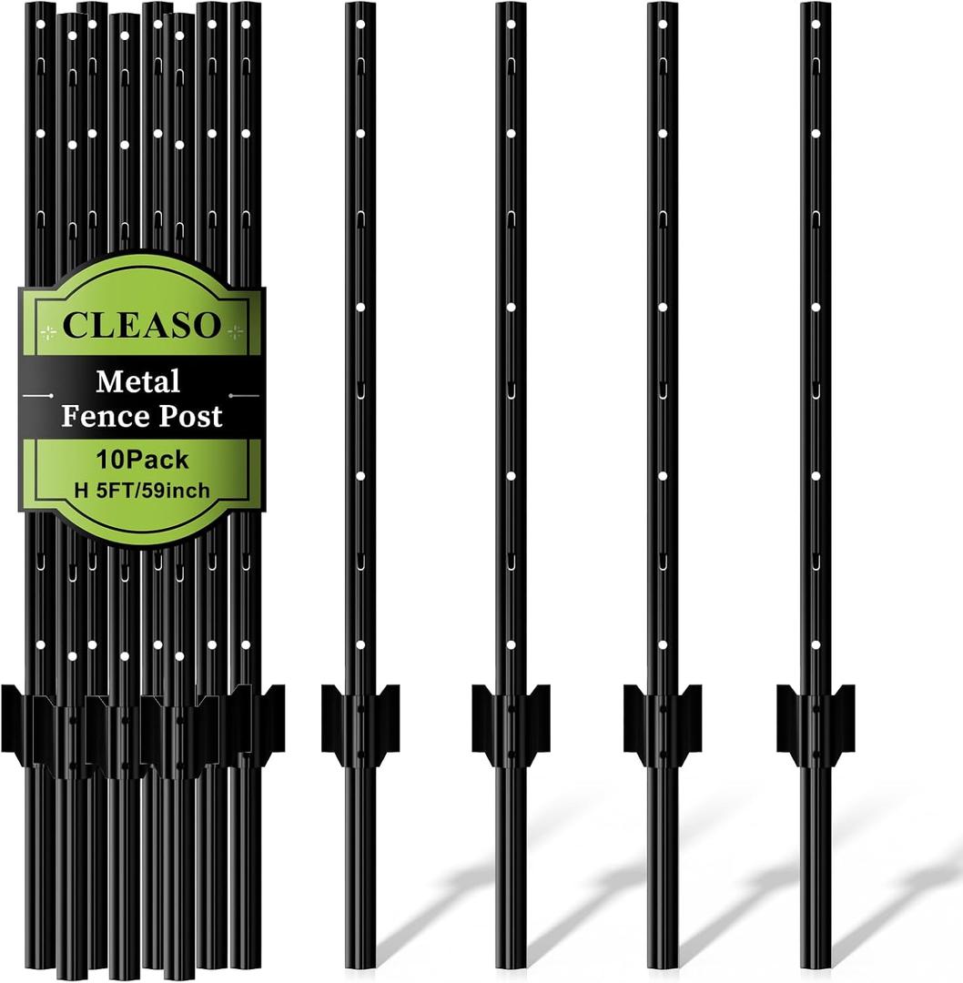 10 Pack Metal Fence Posts 5 FT Black Heavy Duty U-Post Garden Stakes, No-Dig Post Anchors for Wire Fencing, Rustproof Powder-Coated Steel, Temporary Fencing & Corner Support for Farm, Yard & Garden | Heavy-Duty