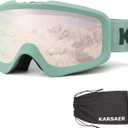 Karsaer Ski Goggles Anti-Fog Snow Goggles OTG 100% UV Protection Snowboard Goggles Bendable Dual-Lenses for Men Women Youth (Dark Green Framed Rose Gold Lenses)