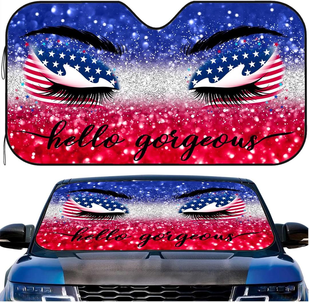 American Flag Fun Eyes Car Window Shade Heat Insulation Sun Shade for Car Windshield, Glitter Front Window Sunshade Hello USA Sun Visor Shade Sunshade Shield Keep Vehicle Cool (55x30 inches)