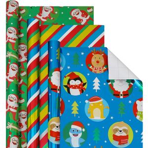 Christmas Foil Wrapping Paper with Cut Lines on Reverse 3 Rolls Pack - Dancing Santa Claus, Colorful Stripes and Assorted Christmas Characters - Holiday Wrapping Paper Bundle, 24 Inch X 144