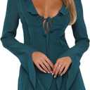 GOBLES Women's Sexy Long Flare Sleeve Chiffon Ruffle Deep Tie V Neck Bodycon Mini Party Dress (Large, Indigo)