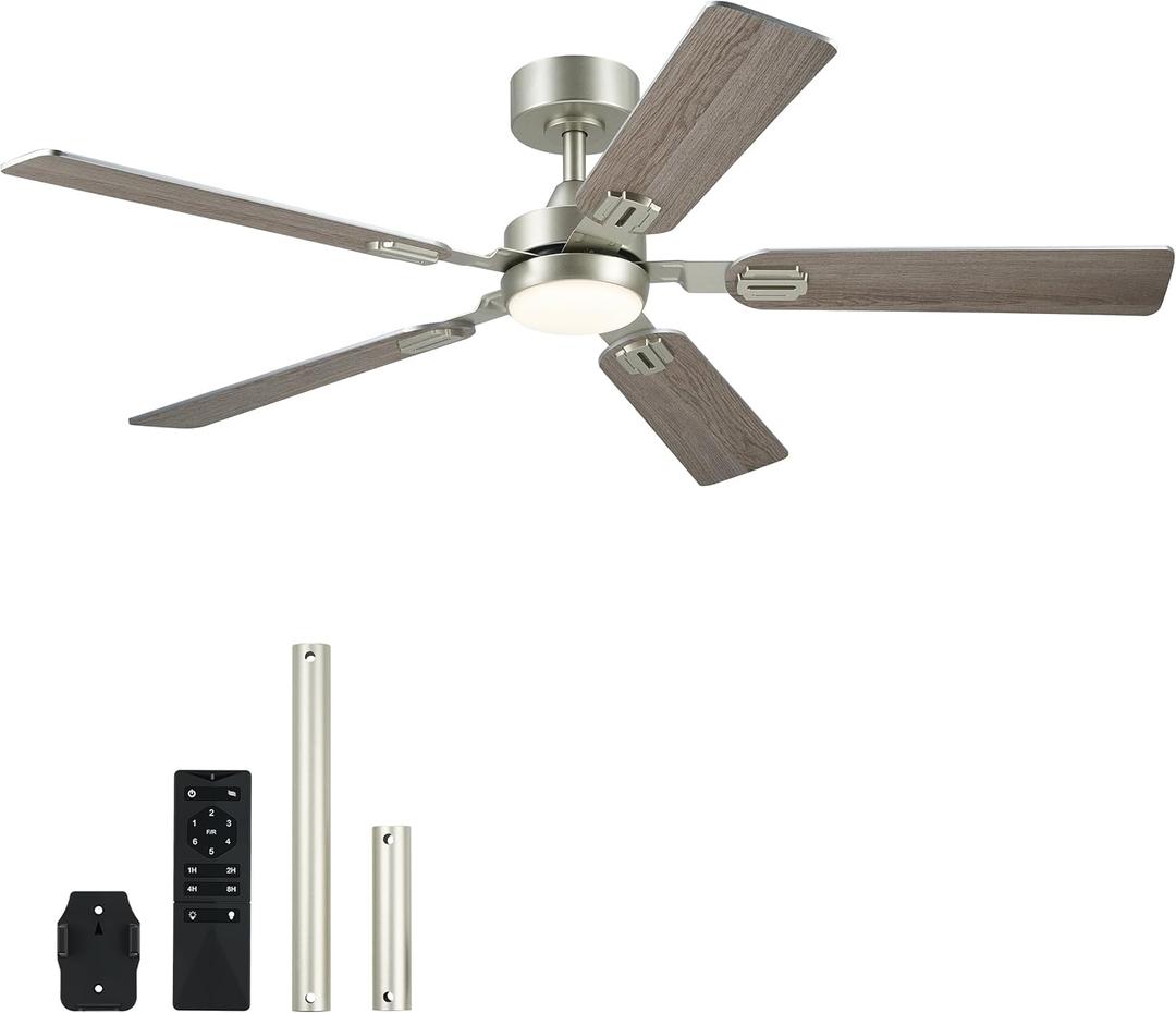 VONLUCE Ceiling Fans with Lights and Remote, 52" Ceiling Fan with 5 Blades, 6-Speeds Noiseless Reversible DC Motor for Farmhouse Bedroom Indoor, Grey