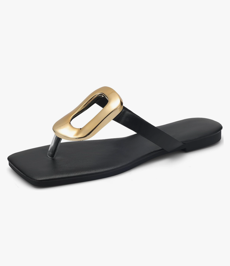 Womens Flat Sandals Leather Comfortable Flip Flops Slide Summer Beach Shoes with Metal Decoration Size 39