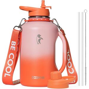 64oz Insulated Water Bottle, Coolflask Half Gallon Water Jug With Handle Straw Stainless Steel Double-Walled Vacuum Metal Large Flask With Strap Bpa-Free Leakproof, Keep Cold 48 Hrs, Sunny Orange