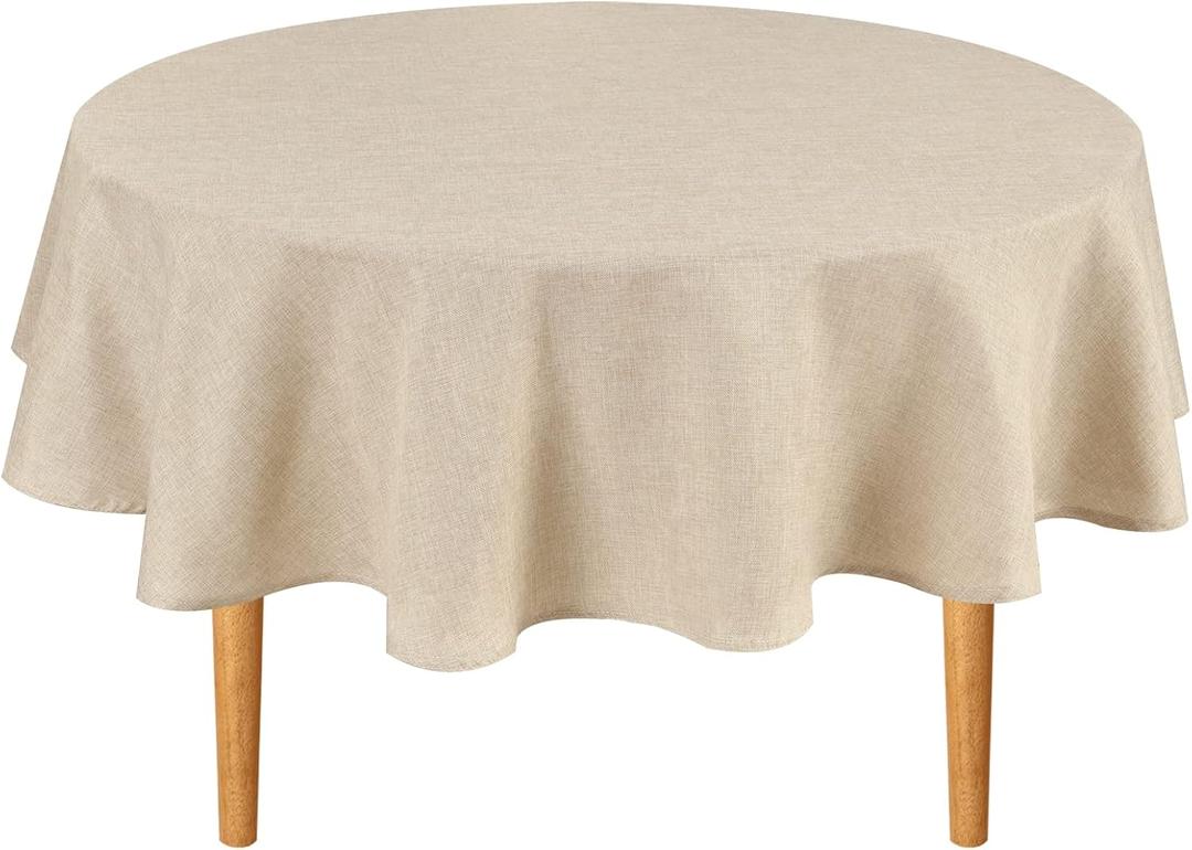 Hiasan Round Linen Tablecloth 45 Inch - Wrinkle and Stain Resistant Washable Polyester Fabric Table Cloth for Dining Room Kitchen Party, Beige