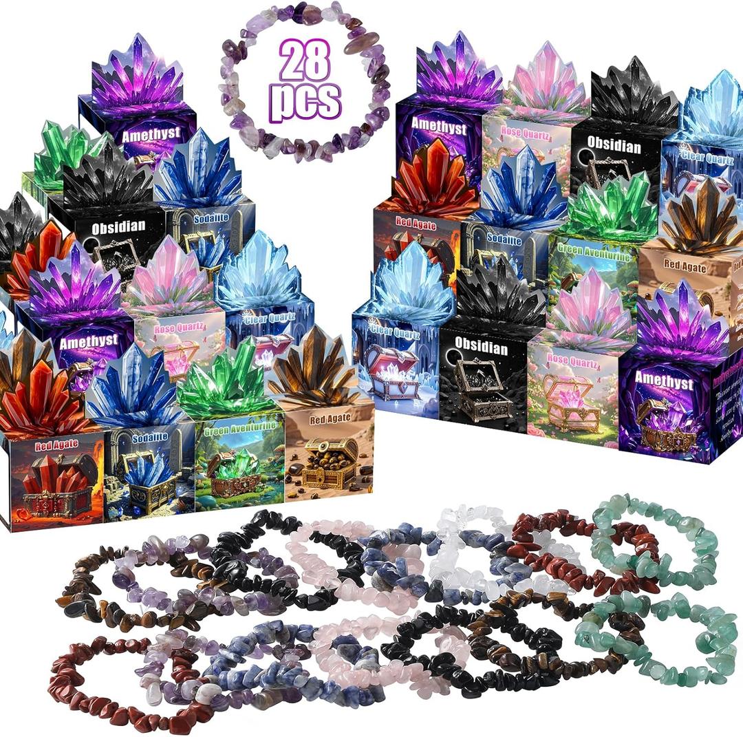 Valentines Day Gem Gifts for Kids, 24 Healing Crystal Bracelets with Treasure Box Cards for School Classroom Class Party Favor, Valentine Rock Crystal Gift Exchange for Boys Girls