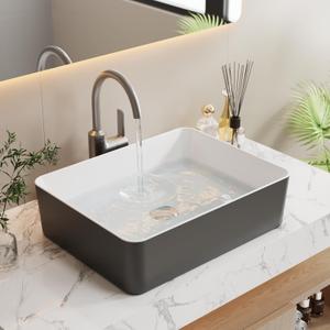 19"x15" Black & White Rectangle Ceramic Vessel Bathroom Sink, 19"D x 15"W x 5.5"H