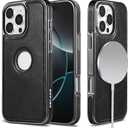 KECAKE for iPhone 16 PRO MAX 6.9 Inch Case Luxury Leather Logo Visible Vintage Ultra Slim Protective Cover (Black with Black Trim)
